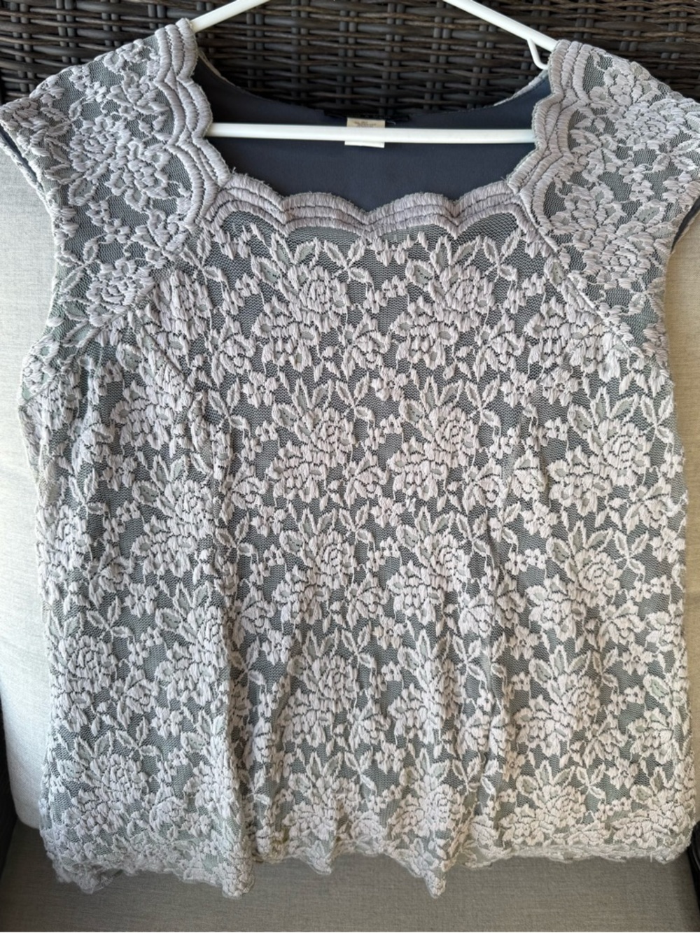 Lace Scallop Neck Camisole in Light Gray and shimmery shell sweater